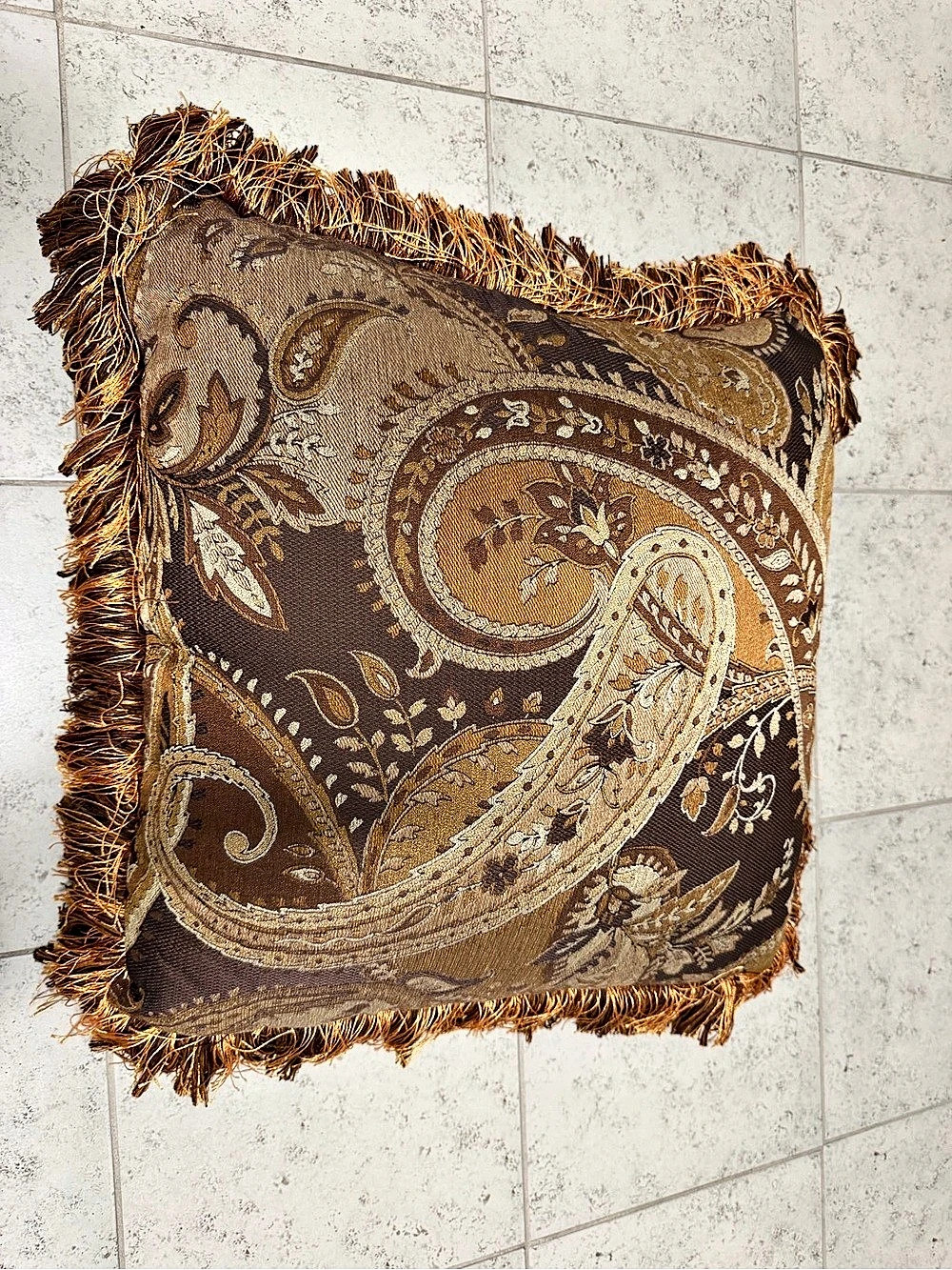 Paisley Fringe Accent Pillow in Brown & Gold